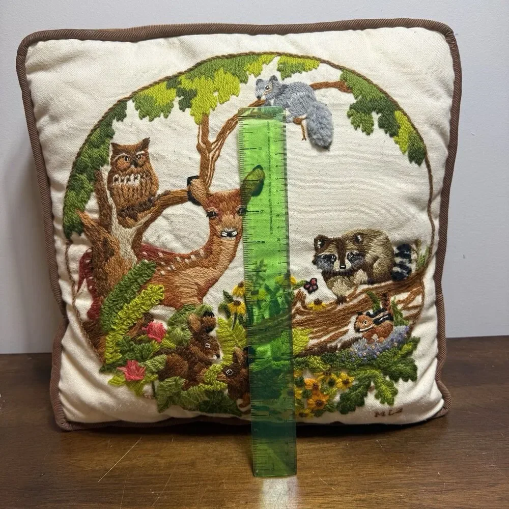 Vtg 70s Sunset Crewel Woodland Animal Throw Pillow Brown Corduroy Back Owl Fawn